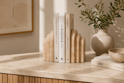 Lyra Marble Bookend detail — natural marble veining and scored geometric lines | Studio Vela