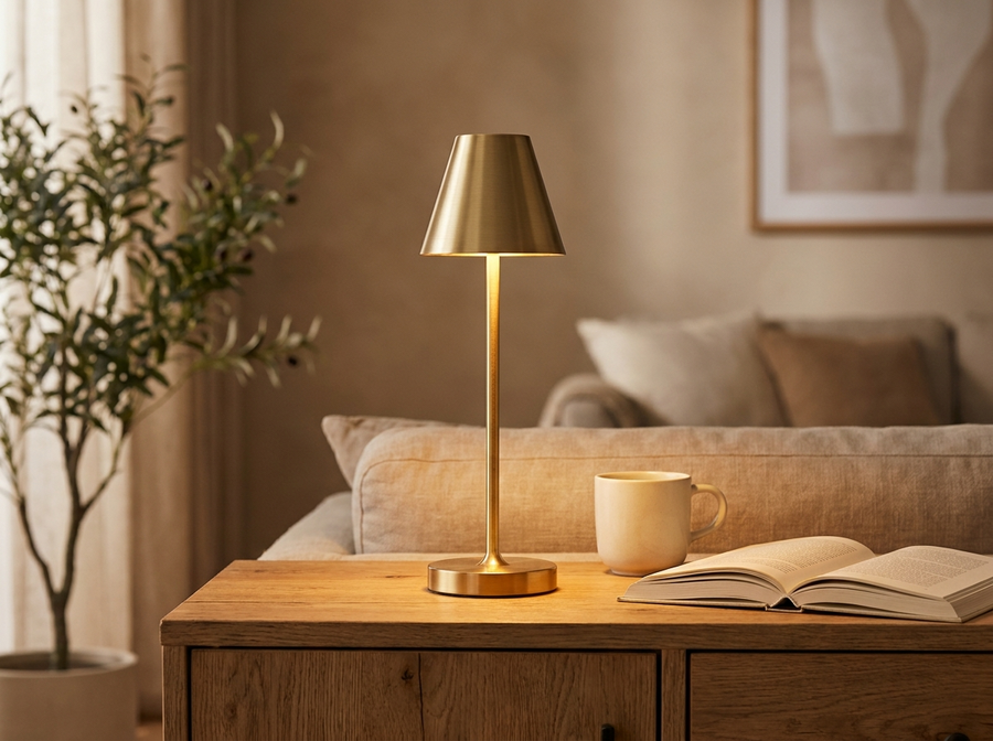 Luma Rechargeable Touch Lamp in brushed gold on oak side table, casting warm amber glow